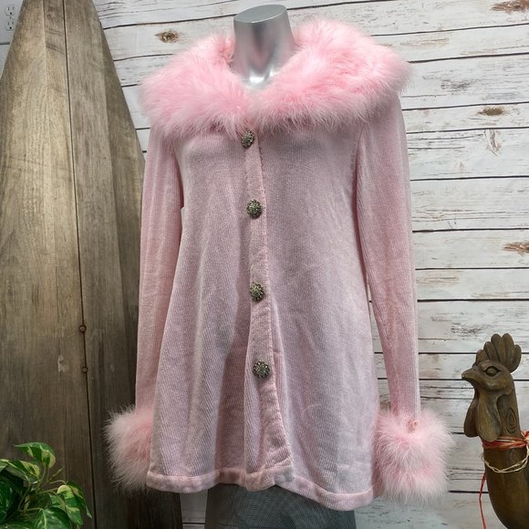 Carina Sweaters - Carina Pink Diva Cardigan Sweater Removable Fur L